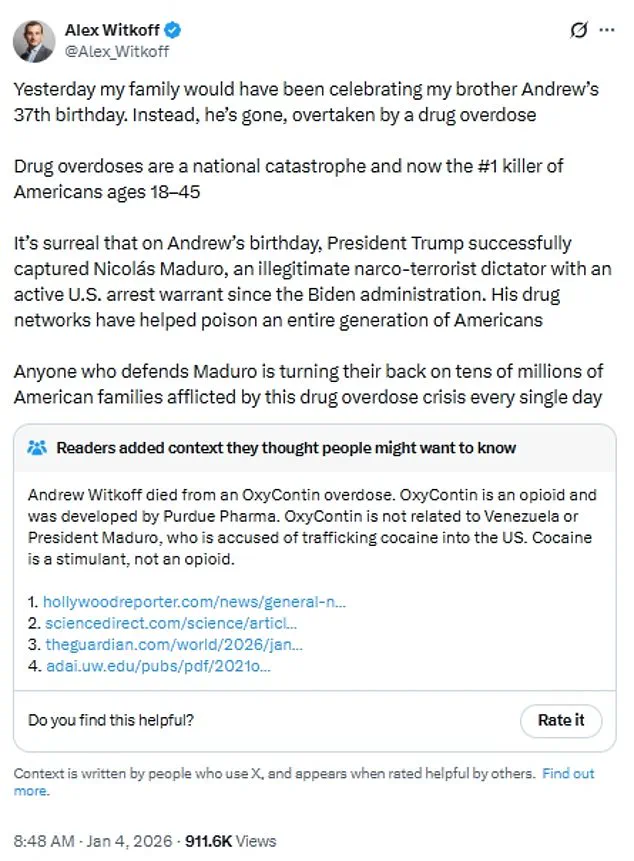 Family's Tragedy and Maduro's Capture: Opioid Crisis Connection Fuels Debate