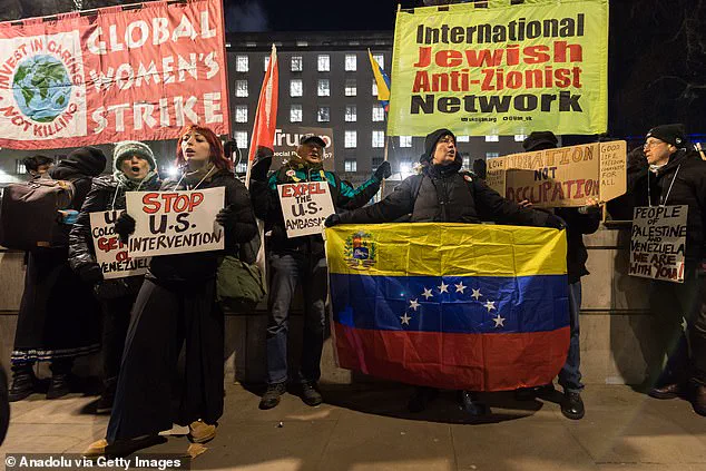 Protesters in London Set U.S. Flag Alight Outside Downing Street in Protest Against Trump's Policy on Maduro